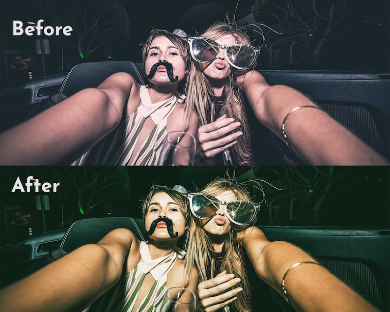 May include: Two friends in a car, taking a selfie. One is wearing a fake mustache and the other is wearing oversized sunglasses. They are both smiling and having fun.
