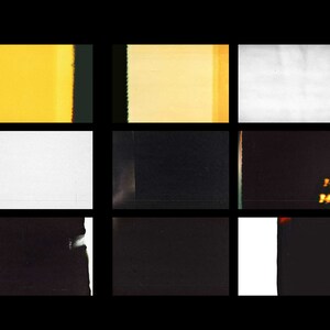 Pode incluir: Uma grade de nove quadros de filme com cores e texturas variadas. Os quadros incluem fundos amarelos, brancos e pretos com vazamentos de luz e imperfei&ccedil;&otilde;es, criando uma est&eacute;tica vintage. A imagem &eacute; definida em um fundo preto.