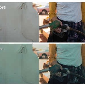 May include: A person filling a gas tank with a green gas pump nozzle. The gas tank is white and has a metal latch. The person is wearing a white shirt with a yellow and white baseball sleeve, a plaid shirt tied around their waist, and blue jeans.