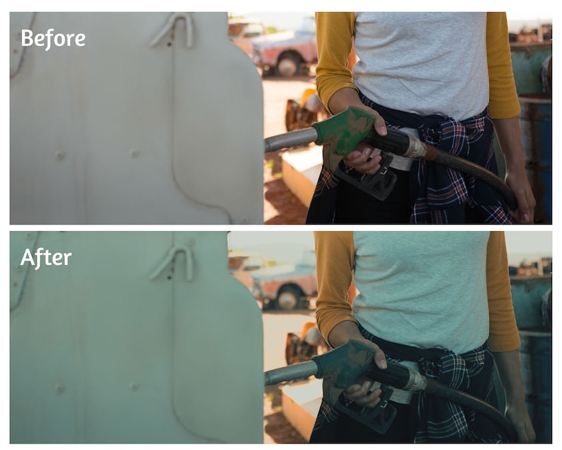 May include: A person filling a gas tank with a green gas pump nozzle. The gas tank is white and has a metal latch. The person is wearing a white shirt with a yellow and white baseball sleeve, a plaid shirt tied around their waist, and blue jeans.