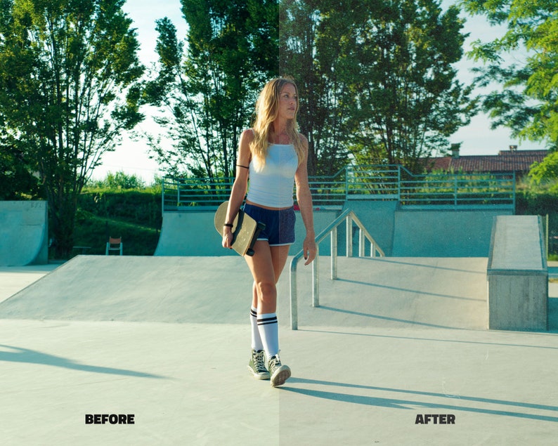 Pode incluir: Uma mulher vestindo um top branco sem mangas e shorts jeans azuis est&aacute; segurando um skate e caminhando em uma rampa de concreto em um skate park. A rampa &eacute; cercada por &aacute;rvores e arbustos verdes.