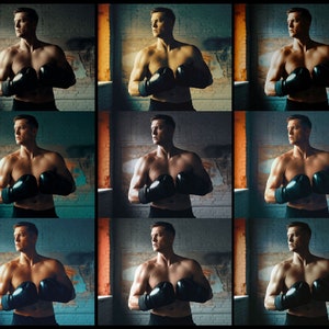 May include: A grid of nine photographs featuring a shirtless individual wearing black boxing gloves. The individual is positioned in a fighting stance with hands raised, looking toward the side. The lighting varies across the frames, showing different color tones and shadows against a textured wall background.
