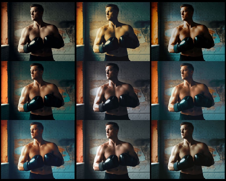 May include: A grid of nine photographs featuring a shirtless individual wearing black boxing gloves. The individual is positioned in a fighting stance with hands raised, looking toward the side. The lighting varies across the frames, showing different color tones and shadows against a textured wall background.