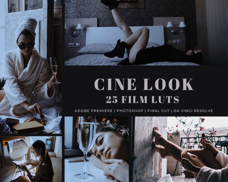 May include: A collage of images showcasing a collection of 25 film LUTs for use in Adobe Premiere, Photoshop, Final Cut, and DaVinci Resolve. The text "CINE LOOK" and "25 FILM LUTS" is displayed in a white font on a black background.