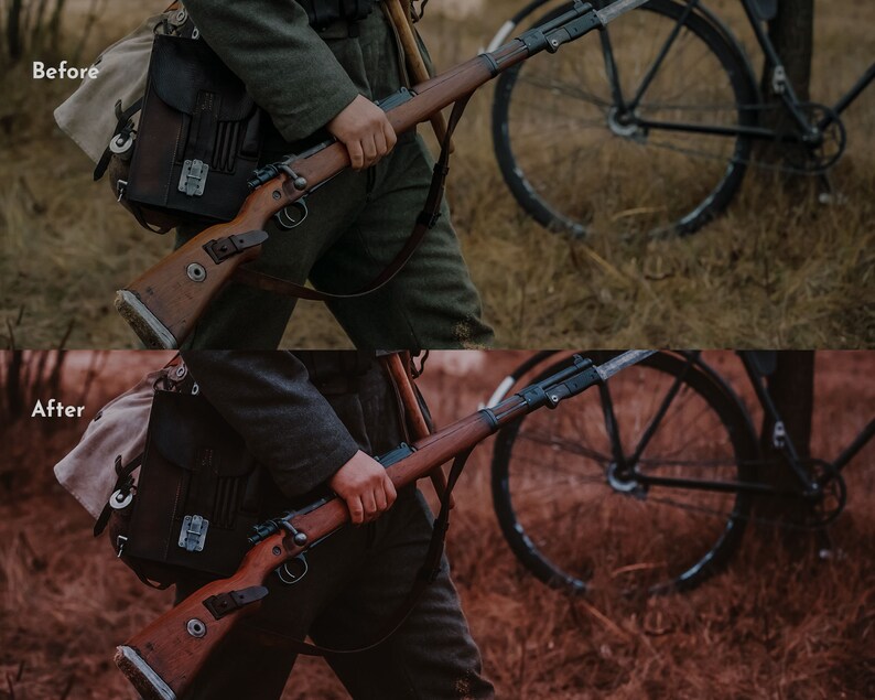 May include: A split image showing a person holding a rifle and a bicycle in the background. The top image is in color and the bottom image is in sepia tone.