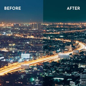 May include: A night time aerial view of a city with a highway running through it. The highway is lit up with car headlights and streetlights. The city is also lit up with streetlights and building lights. The image is split into two sections, with the left side labeled "BEFORE" and the right side labeled "AFTER".