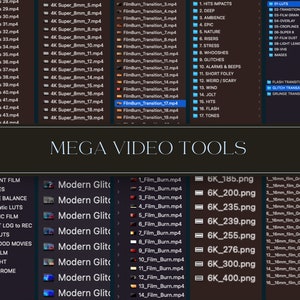 Pode incluir: Uma interface digital exibindo ferramentas de edi&ccedil;&atilde;o de v&iacute;deo, incluindo transi&ccedil;&otilde;es, efeitos e op&ccedil;&otilde;es de granula&ccedil;&atilde;o de filme. A interface apresenta nomes de arquivos e categorias como "Glitch Transitions" e "Mega Video Tools."