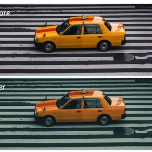 May include: A yellow taxi cab driving across a crosswalk with black and white stripes. The taxi has a black roof and a black license plate.