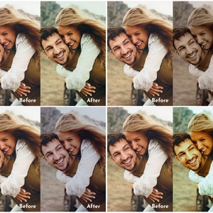 May include: A split image showing a couple before and after photo editing. The man is wearing a green shirt and the woman is wearing a white shirt. The woman is hugging the man from behind. The text "Before" and "After" are displayed.