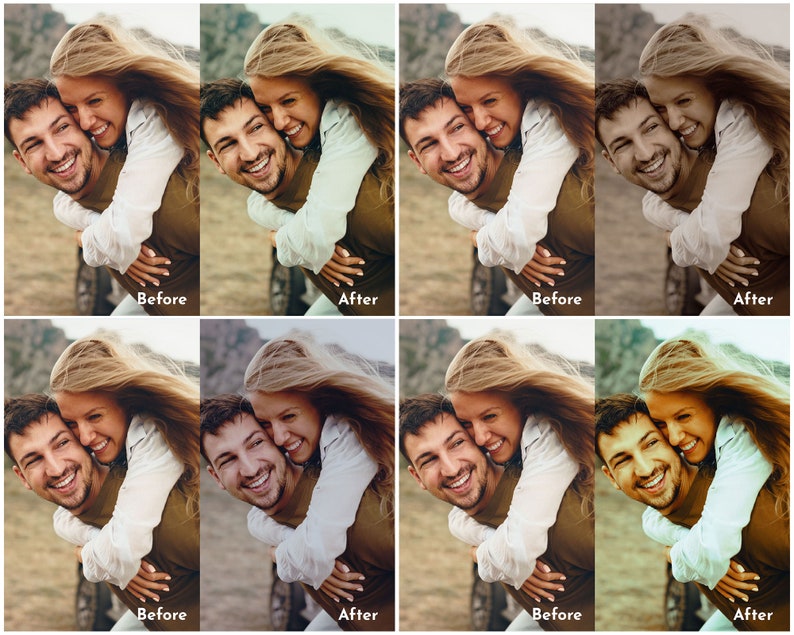 May include: A split image showing a couple before and after photo editing. The man is wearing a green shirt and the woman is wearing a white shirt. The woman is hugging the man from behind. The text "Before" and "After" are displayed.