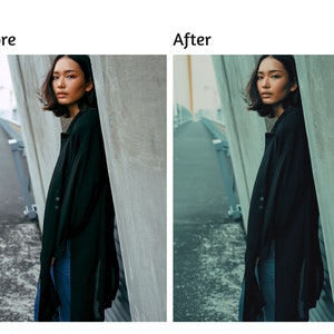 May include: A woman wearing a black long-sleeved shirt and blue jeans stands against a concrete wall. The background is a blurry image of a walkway.