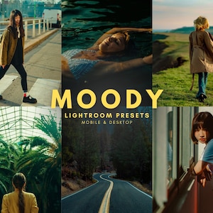 Peut inclure: Un ensemble de préréglages Lightroom appelés "Moody" pour mobile et ordinateur de bureau. Les préréglages sont conçus pour donner aux photos un aspect vintage et fantaisiste. L'image montre plusieurs exemples de la façon dont les préréglages peuvent être utilisés pour éditer des photos.