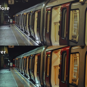 May include: A split-screen comparison showing a subway train at a station platform. The top section labeled Before displays a cool-toned, desaturated view, while the bottom section labeled After shows a warmer, vibrant edit of the same train.
