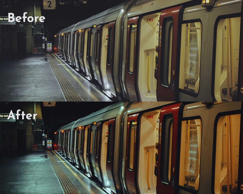 May include: A split-screen comparison showing a subway train at a station platform. The top section labeled Before displays a cool-toned, desaturated view, while the bottom section labeled After shows a warmer, vibrant edit of the same train.