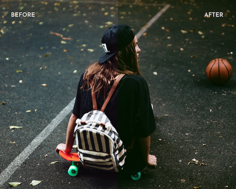 May include: A person wearing a black shirt and a black and white striped backpack sits on a skateboard with a basketball in the background.
