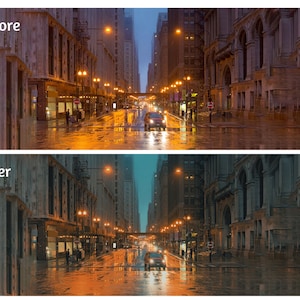 May include: A nighttime city street scene with tall buildings and streetlights reflecting in the wet pavement. The street is empty except for a few cars driving down the road.