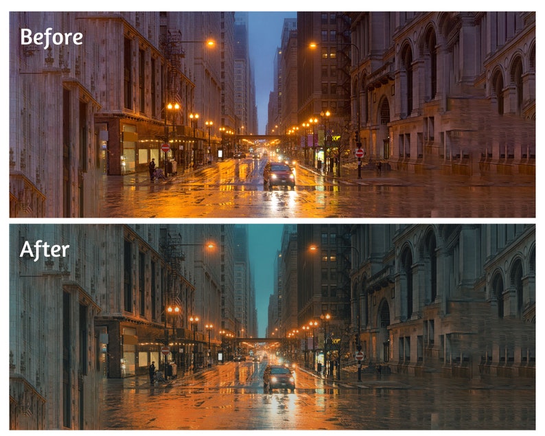May include: A nighttime city street scene with tall buildings and streetlights reflecting in the wet pavement. The street is empty except for a few cars driving down the road.