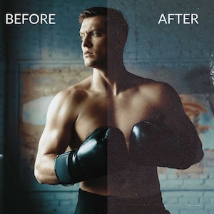 Pode incluir: Um homem usando luvas de boxe pretas est&aacute; em p&eacute; em uma sala com pouca luz e uma parede de tijolos ao fundo. As palavras "ANTES" e "DEPOIS" s&atilde;o vis&iacute;veis na imagem.