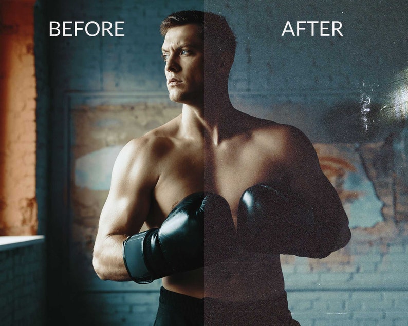 Pode incluir: Um homem usando luvas de boxe pretas est&aacute; em p&eacute; em uma sala com pouca luz e uma parede de tijolos ao fundo. As palavras "ANTES" e "DEPOIS" s&atilde;o vis&iacute;veis na imagem.