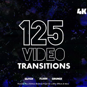 May include: A black and white image with a grunge effect. The text "125 VIDEO TRANSITIONS" is in white with a black outline. The text "4K" is in white with a black outline. The text "GLITCH FLASH GRUNGE" is in white with a black outline. The text "Premiere Pro | DaVinci Resolve | Final Cut | After Effects & More" is in white with a black outline.