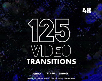 125 PROFESSIONAL 4K TRANSITIONS for VIDEO   | Glitch, Grunge, Flash, Stream Effect Overlays | Premiere Pro, Final Cut, After Effects & More