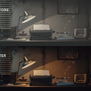 May include: A vintage desk scene with a typewriter, desk lamp, and rotary phone. The image shows a before and after effect, with the text "BEFORE" and "AFTER" at the top and bottom. The desk is made of dark wood, and the background has a patterned wallpaper.