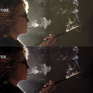 May include: Image comparison showing a woman with glasses smoking a cigarette in a holder. The top image is labeled "BEFORE" and the bottom image is labeled "AFTER". Smoke curls around the woman's face, illuminated by a bright light source.