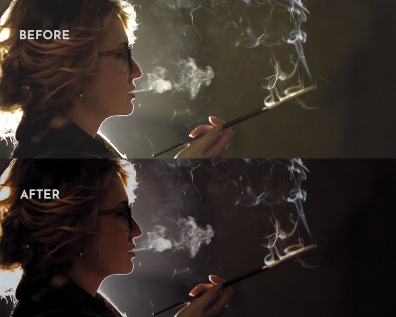 May include: Image comparison showing a woman with glasses smoking a cigarette in a holder. The top image is labeled "BEFORE" and the bottom image is labeled "AFTER". Smoke curls around the woman's face, illuminated by a bright light source.