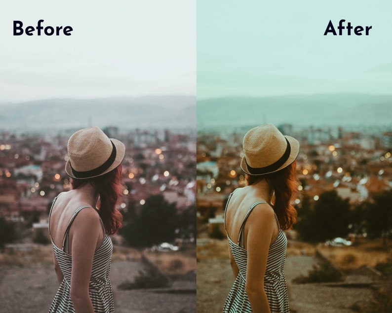 May include: A woman wearing a striped dress and a straw hat stands on a hill overlooking a city at sunset. The city lights are visible in the distance.