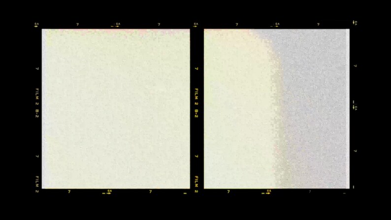 Pode incluir: Dois negativos de filme lado a lado, cada um com um fundo amarelo-bege claro. O negativo esquerdo &eacute; uniformemente colorido. O negativo direito tem um gradiente de amarelo-bege claro a cinza claro. Ambos t&ecirc;m bordas pretas com texto.