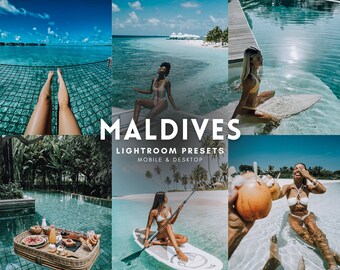 May include: A collage of images featuring the Maldives. The images showcase clear turquoise water, palm trees, and people enjoying the beach. Text on the image reads "MALDIVES LIGHTROOM PRESETS MOBILE & DESKTOP."