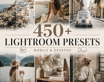 May include: A digital collection of 450+ Lightroom presets for mobile and desktop, featuring a collage of six varied photographic scenes including coastal landscapes, a vintage car, and interior decor, with the text 450+ LIGHTROOM PRESETS.