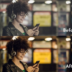 May include: A woman with curly hair is wearing headphones and glasses while looking at her phone. She is standing in a library with bookshelves in the background. The image is split into two sections, with the top section labeled "Before" and the bottom section labeled "After".