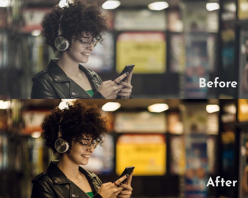 May include: A woman with curly hair is wearing headphones and glasses while looking at her phone. She is standing in a library with bookshelves in the background. The image is split into two sections, with the top section labeled "Before" and the bottom section labeled "After".