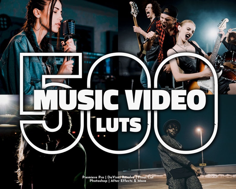 May include: A promotional image featuring the text "500 MUSIC VIDEO LUTS" in a white, stylized font. The image is a collage of musicians performing, including a singer with a vintage microphone and a band playing guitars and drums. The bottom text mentions video editing software.