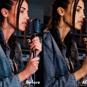 May include: A side-by-side comparison of a woman with long dark hair holding a vintage microphone. The image on the left is labeled "Before" and the image on the right is labeled "After". The woman is wearing a denim jacket and large hoop earrings.