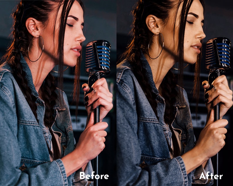 May include: A side-by-side comparison of a woman with long dark hair holding a vintage microphone. The image on the left is labeled "Before" and the image on the right is labeled "After". The woman is wearing a denim jacket and large hoop earrings.