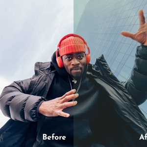 May include: A person wearing a black hooded sweatshirt, black puffer jacket, and orange beanie, with orange headphones. The image has the text "Before" and "After" at the bottom.
