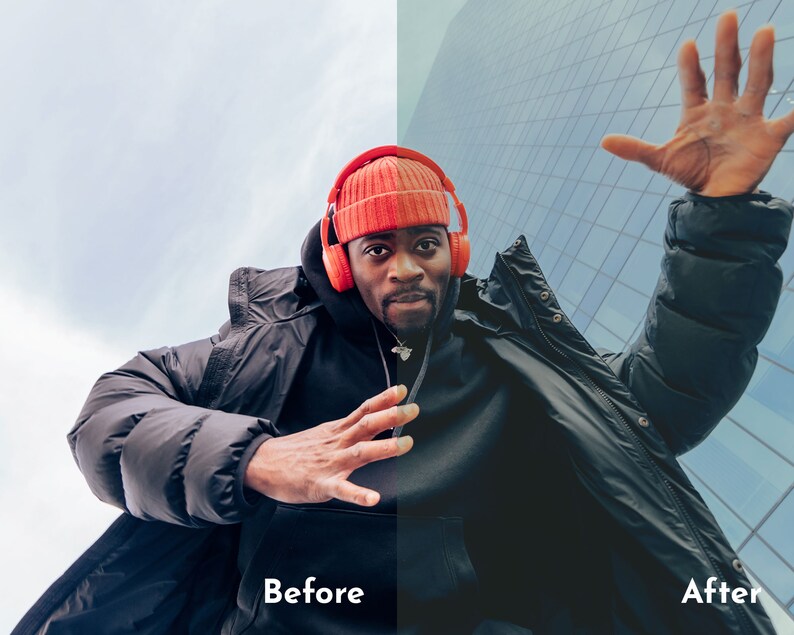 May include: A person wearing a black hooded sweatshirt, black puffer jacket, and orange beanie, with orange headphones. The image has the text "Before" and "After" at the bottom.