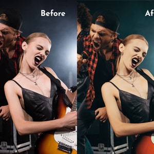 May include: A woman playing an electric guitar with a sunburst finish, wearing a black leather dress and silver necklaces. A man in a red plaid shirt sings into a microphone behind her. The image has the text "Before" and "After".