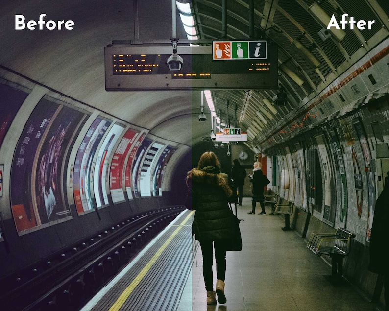 May include: A woman walks through a subway station with posters on the walls. The station is dimly lit and has a tiled floor. The woman is wearing a dark jacket and jeans. There is a sign above her that says "i".