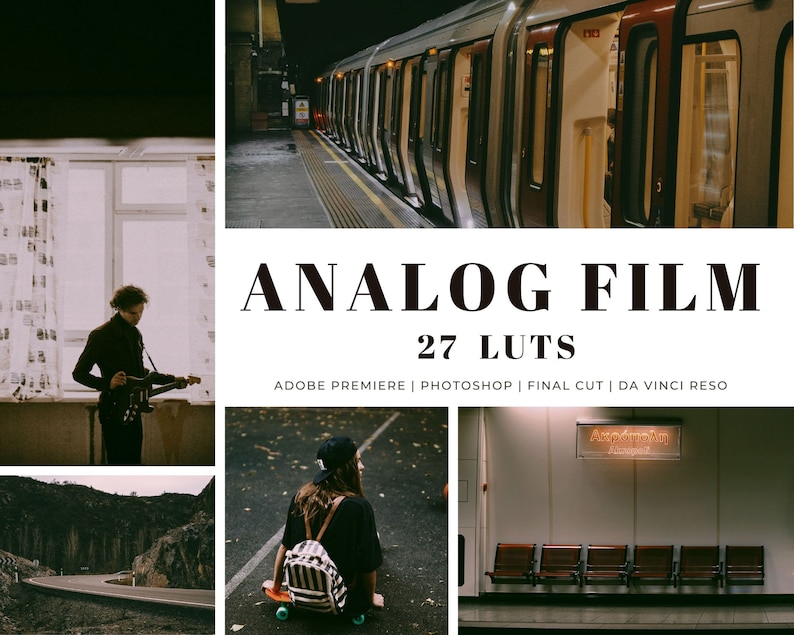May include: A collage of images showcasing a collection of 27 analog film LUTs for video editing software. The text "ANALOG FILM 27 LUTS" is displayed in a white box on a black background. The LUTs are compatible with Adobe Premiere, Photoshop, Final Cut, and Da Vinci Resolve.