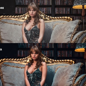 May include: A woman wearing a sparkly, dark blue dress sits on a gold and gray couch. She has long, dark brown hair and is looking at the camera. The couch is in a room with a bookshelf in the background.