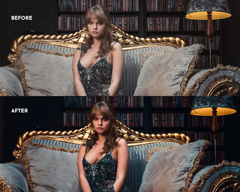 May include: A woman wearing a sparkly, dark blue dress sits on a gold and gray couch. She has long, dark brown hair and is looking at the camera. The couch is in a room with a bookshelf in the background.