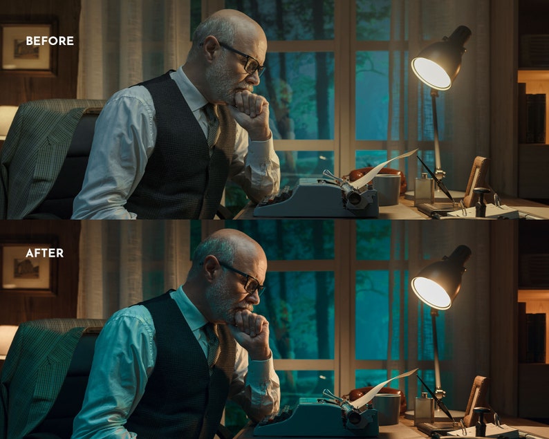 May include: A man sits at a desk in a dimly lit room, typing on a vintage typewriter. He is wearing a vest and a white shirt, and has a thoughtful expression on his face. A lamp with a white shade illuminates the desk, casting a warm glow on the scene.