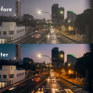 Pode incluir: Uma imagem de compara&ccedil;&atilde;o de uma paisagem urbana ao entardecer, com as etiquetas "Antes" e "Depois". A metade superior mostra uma cidade apagada com edif&iacute;cios e uma autoestrada. A metade inferior mostra a mesma cena com cores e ilumina&ccedil;&atilde;o melhoradas.