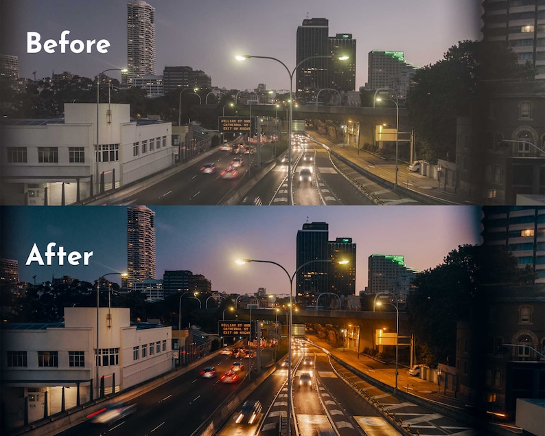 Pode incluir: Uma imagem de compara&ccedil;&atilde;o de uma paisagem urbana ao entardecer, com as etiquetas "Antes" e "Depois". A metade superior mostra uma cidade apagada com edif&iacute;cios e uma autoestrada. A metade inferior mostra a mesma cena com cores e ilumina&ccedil;&atilde;o melhoradas.