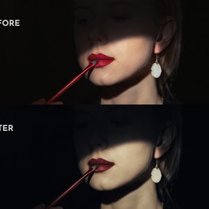 May include: A woman's face with bright red lipstick being applied with a red makeup brush. The image is split, with the word "BEFORE" at the top and "AFTER" at the bottom. The woman is wearing gold earrings with white stone pendants.