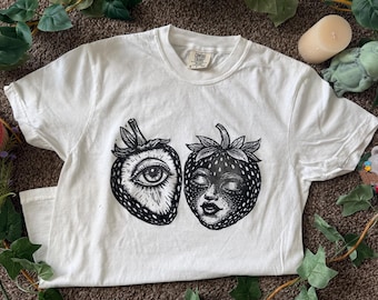 Hand printed Strawberry Oddity Shirt: Block print Tee
