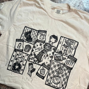 Coraline inspired handprinted T-shirt / blocked printed